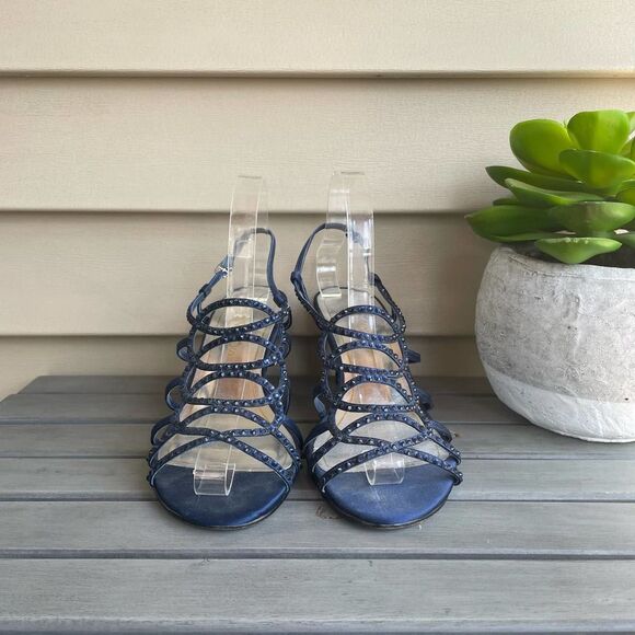 Vintage Caparros Navy Studded Formal Heel Women's 8 Strappy Prom Wedding Pump - Picture 4 of 9